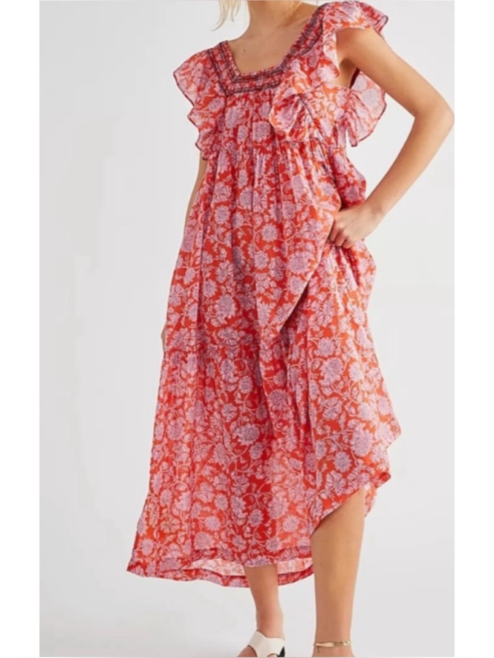 Free People Bonita Printed Floral Midi Dress Flutter Sleeve